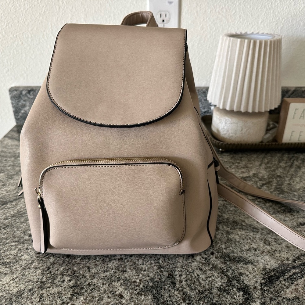 Taupe Mini Backpack Purse – 3-Compartment Organizer + Gold Hardware + Front Zip